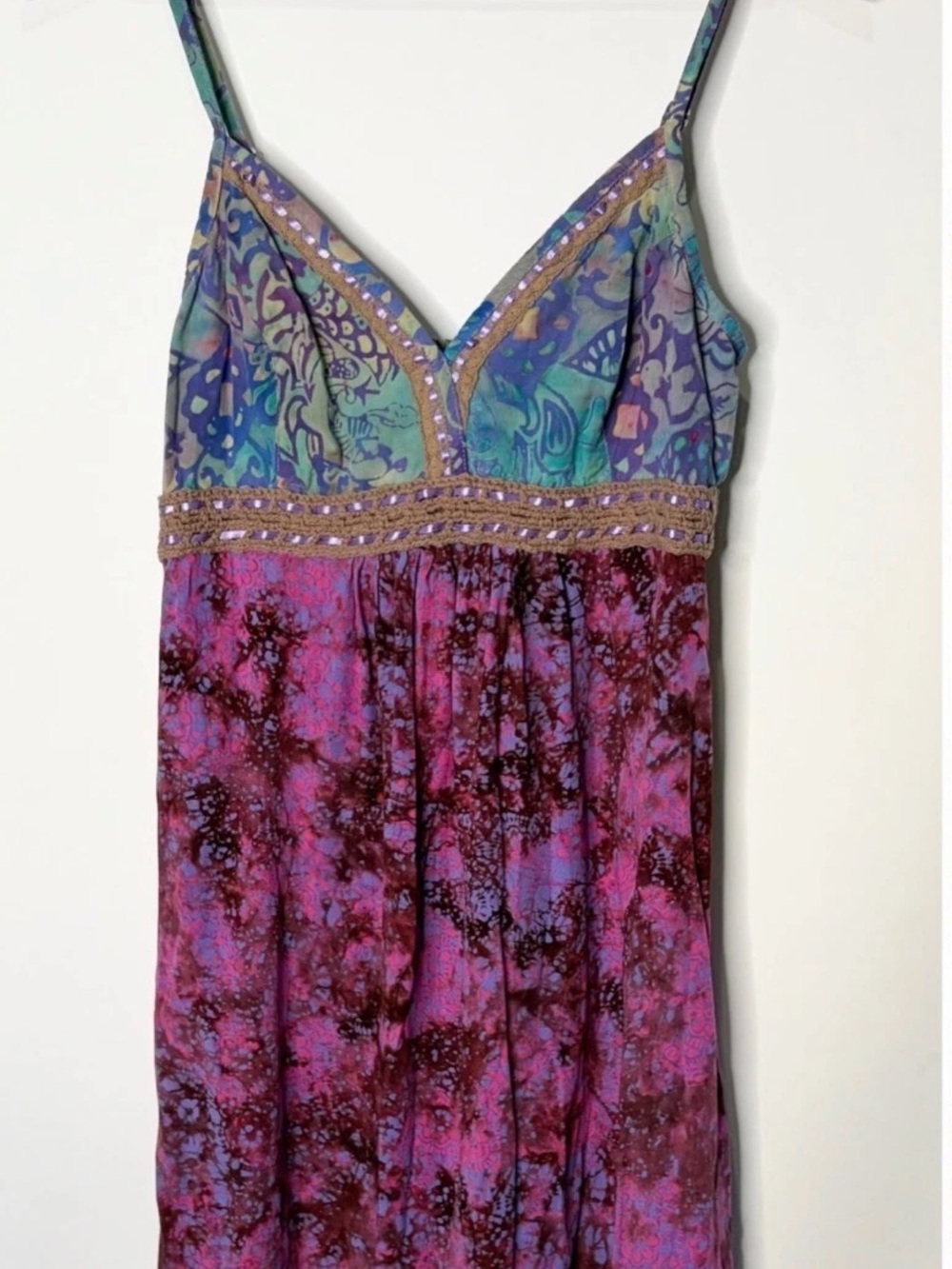 SANTIKI XL Boho, beachy Spaghetti Strap Midi Dress in Purple and Teal, like new